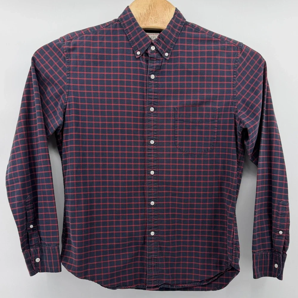 J Crew Mens Slim Fit Red Blue Plaid Button Down Shirt Large American Pima Cotton